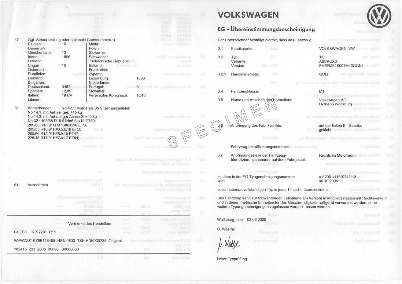 Comment faire pour trouver le certificat de conformité Volkswagen Vw